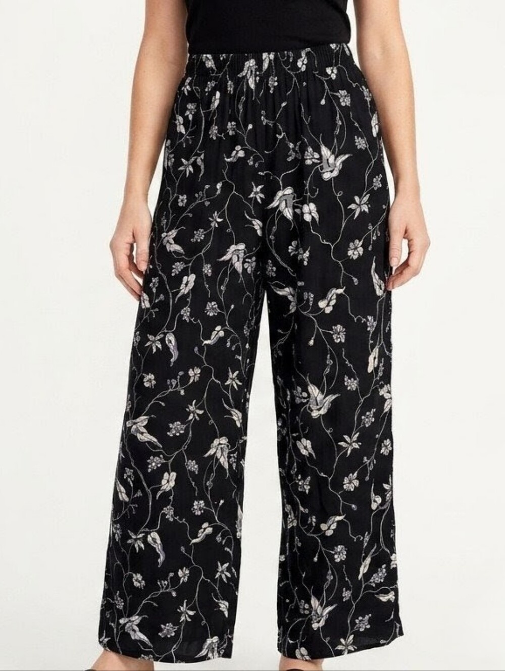 Vintage CLIO Made in USA Floral Wide Leg Rayon Pants Size Small Black Boho Chic